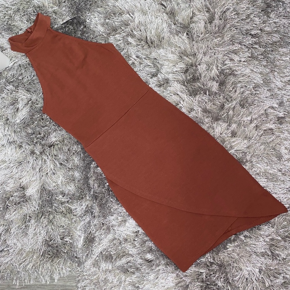 Terracotta Orange Mini Asymmetrical Sleeveless Halter Dress. Size S.